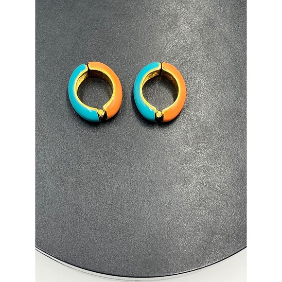 KJL Vintage KJL Signed Blue Orange Enamel Huggie Hoop Earrings snap on versatile - Picture 2 of 11